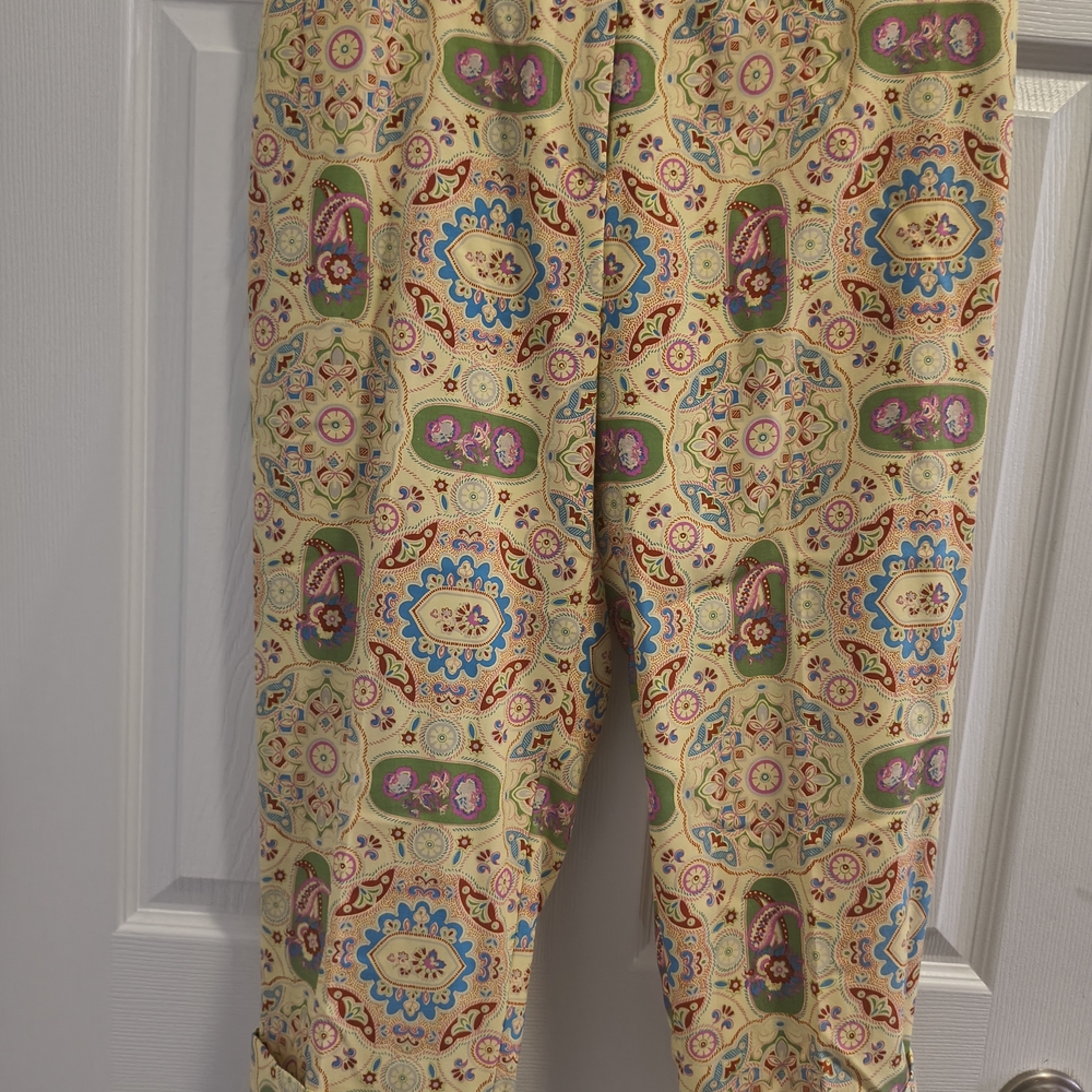 J. McLaughlin Yellow Medallion Print Pants with Multicolor Accents